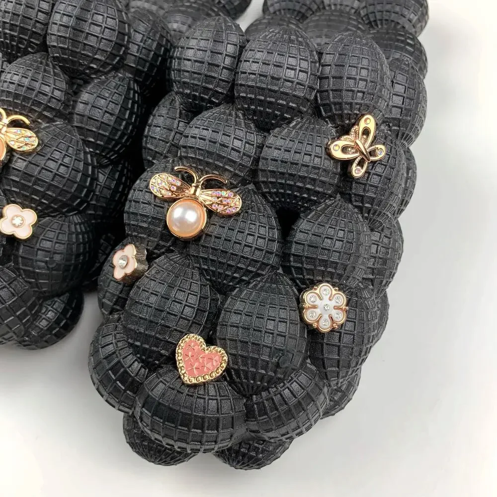 Massage Bubble Slides Black Slip On Sparkly Charms Flowers Butterfly Women's 10